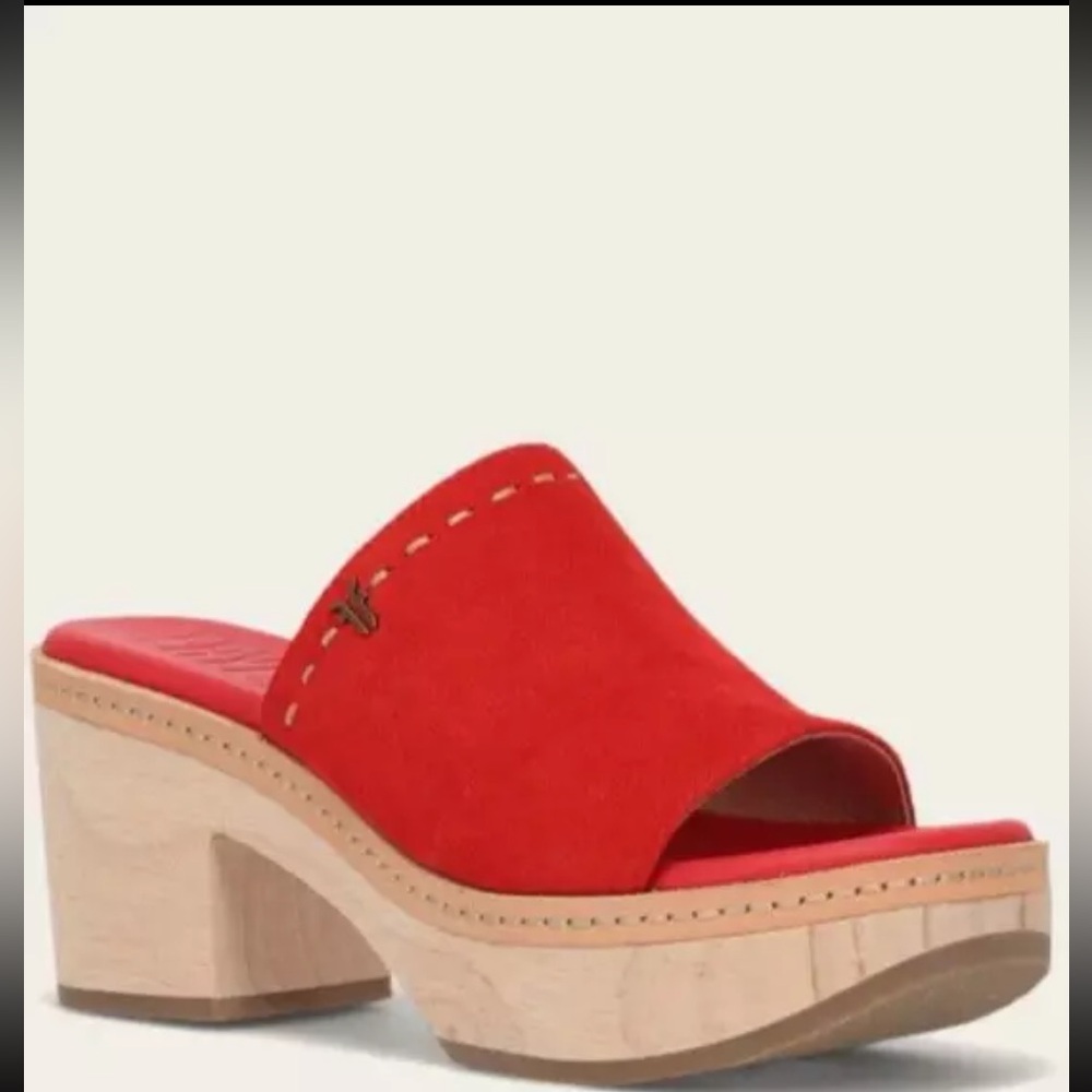 FRYE Hazel 2 Slide Red size 6.5 New Mule Wood Clogs - Picture 2 of 11